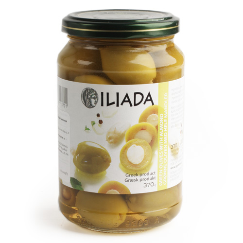 ILIADA оливки зеленые крупные без косточки с миндалем 370г
